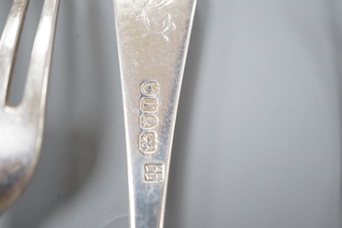 A set of nine George III silver Hanovarian pattern table forks, Eley & Fearn, London, 1804, 17oz.